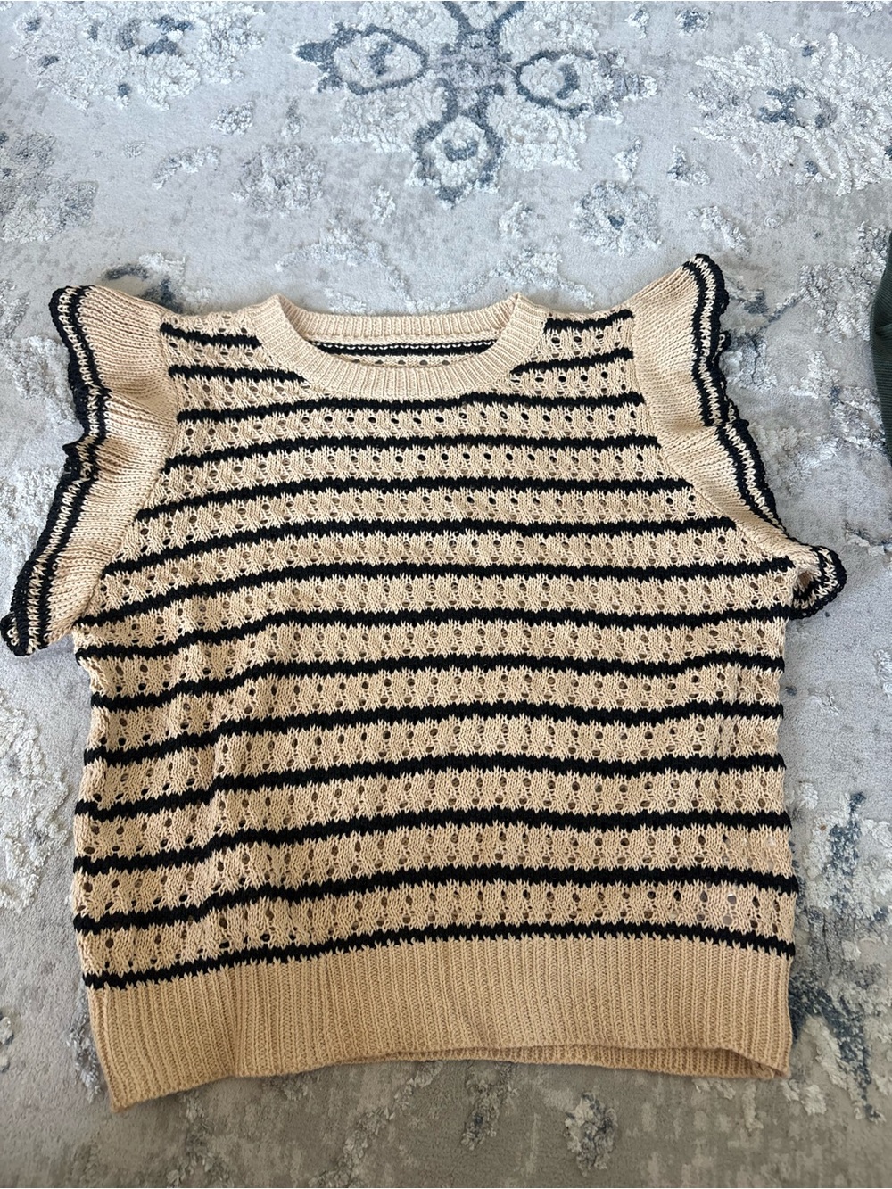 Cream and Black Striped Ruffle Sleeve Knit Tank